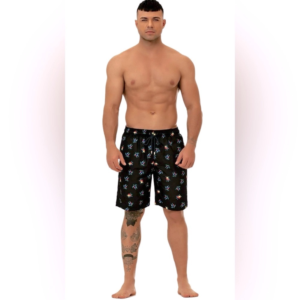 Men's Black Turtle Print Swim Trunks